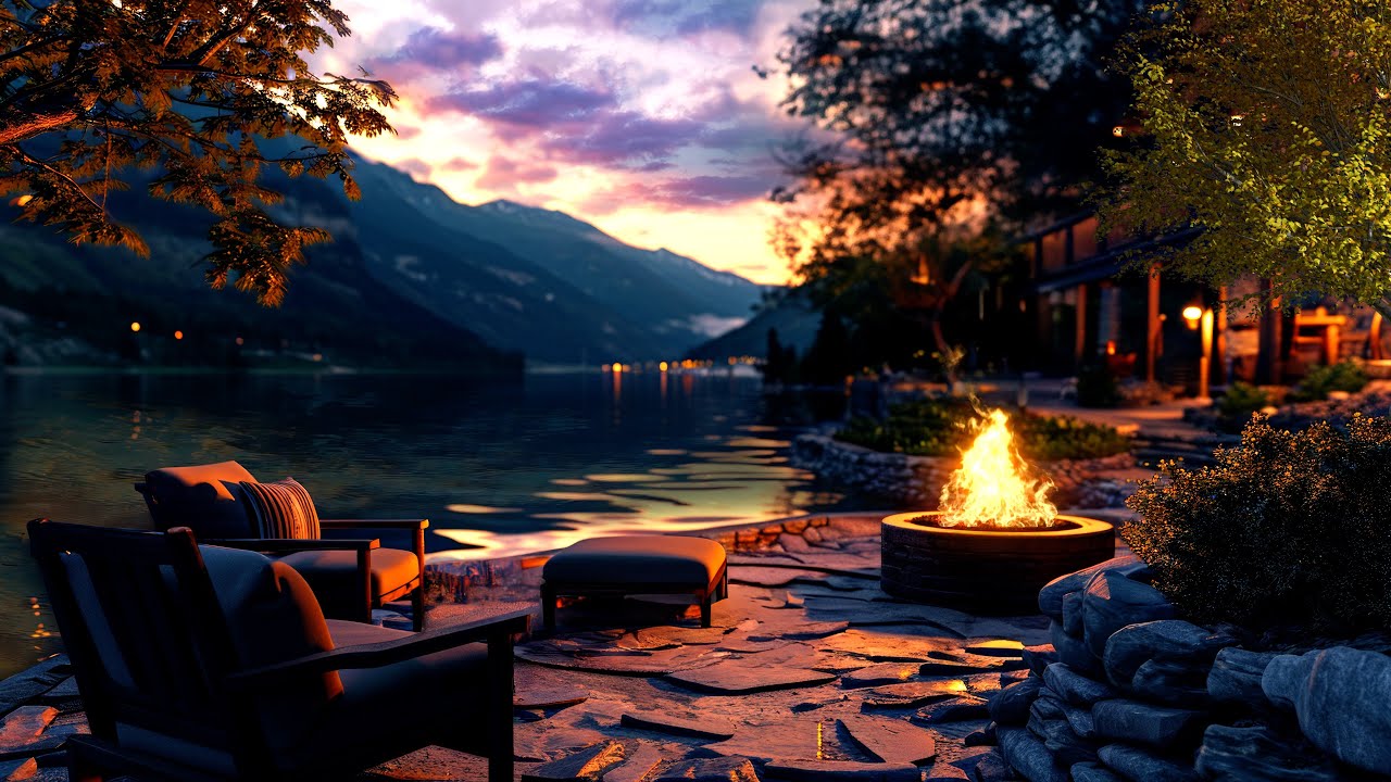 MEDITATE Mountain LAKE FIREPLACE at Sunset | 4K