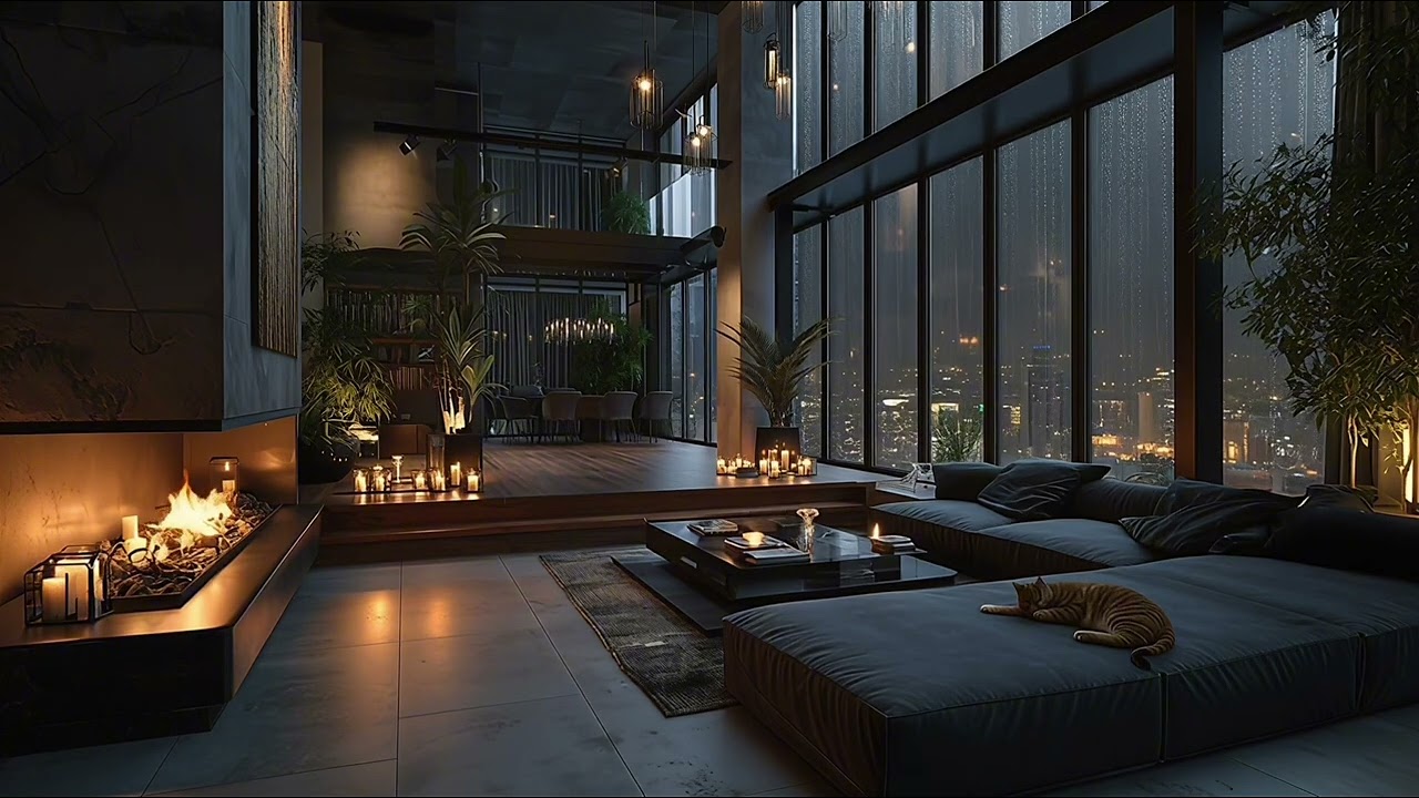 3 Hours Rain on Windows (No Thunder)  Sleep & Focus Background Noise | Fireplace High-Rise🌧️