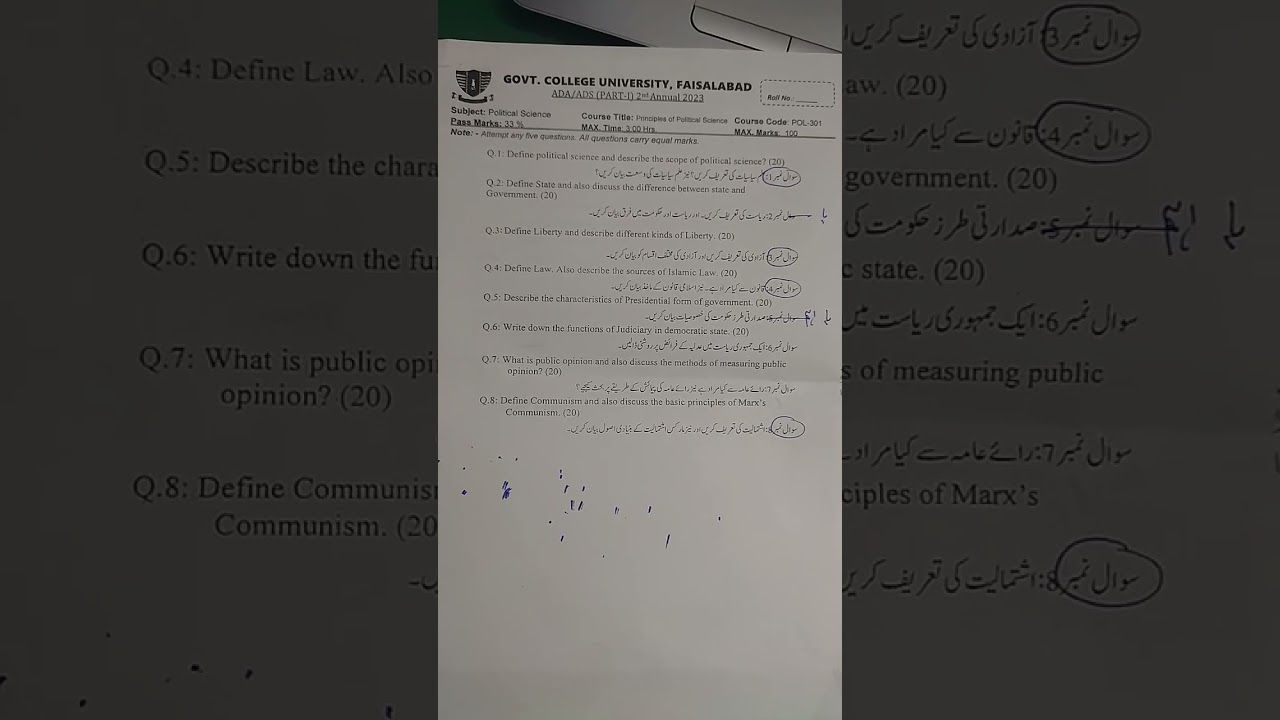 BA part 1 GCUF political science past paper