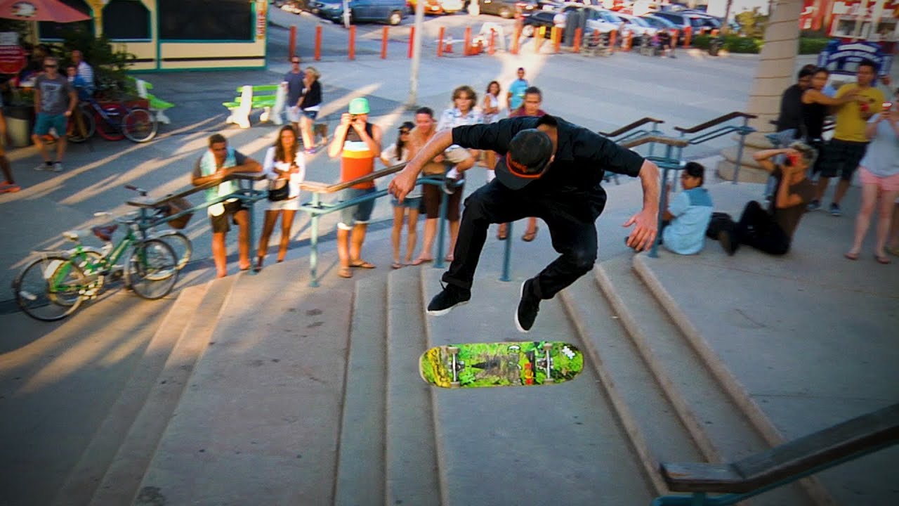 Taylor Jett lands a 360 double flip down the Santa Monica triple set | SKATE TRICK BATTLE!