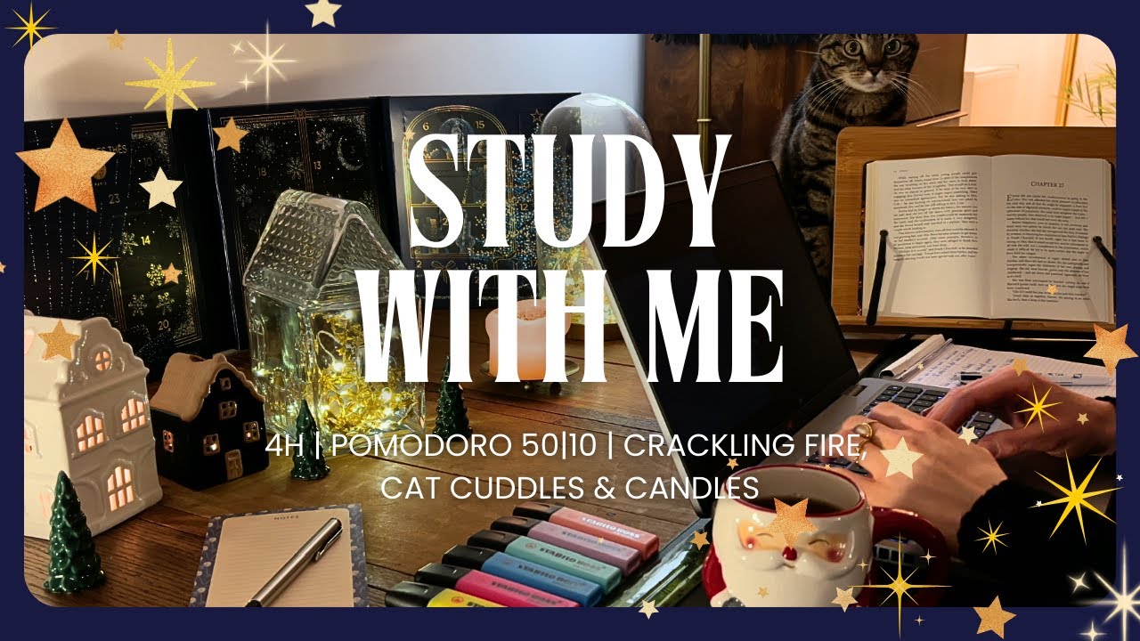 4-HOUR STUDY WITH ME | ⭐Winter Ambience | Crackling Fire, Cat Cuddles & Pomodoro 50/10 (No Talking)