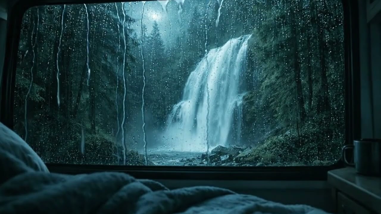 Deep sleep rain sounds with gentle waterfall inside a quiet camper 🌧️ relaxation