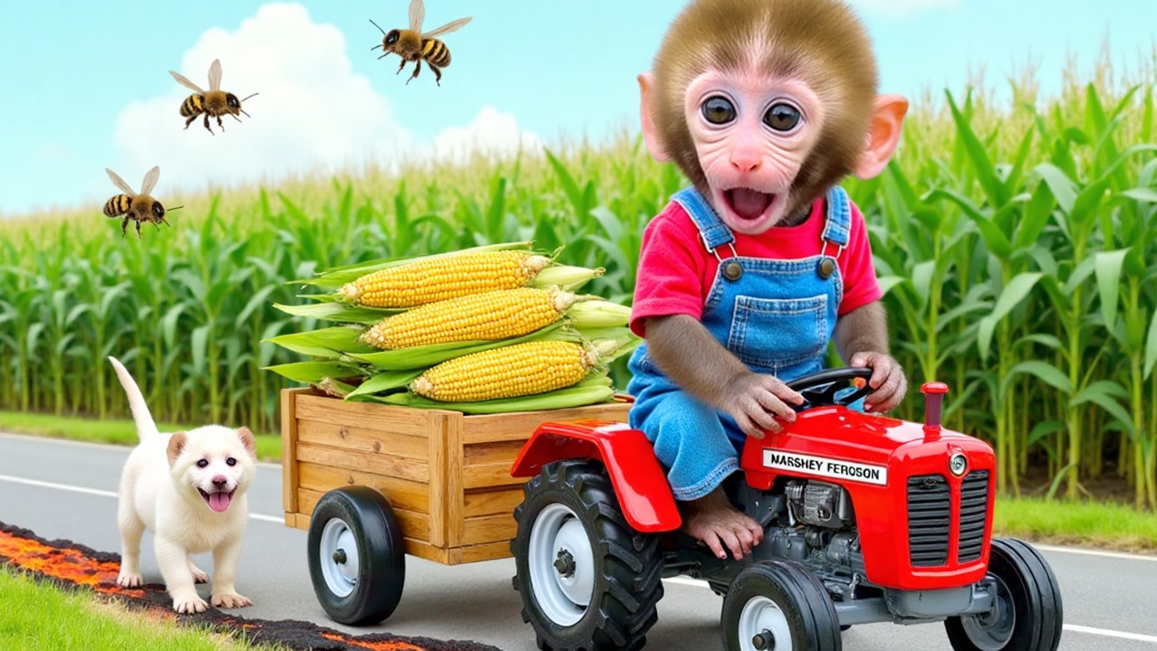 Monkey Nana is driving a tractor falls into  mysterious black hole encounters a fierce swarm of bees