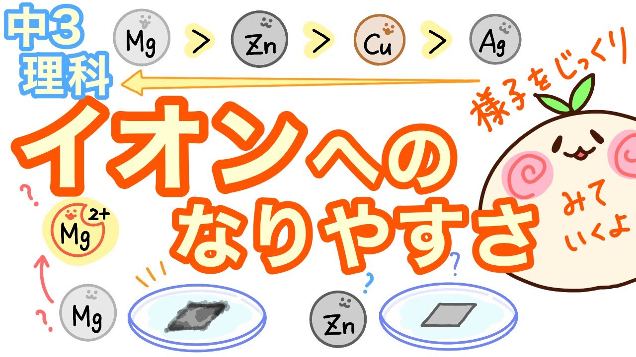 【中3理科c4】金属のイオンへのなりやすさ【原子→イオンへの様子こんな感じ】