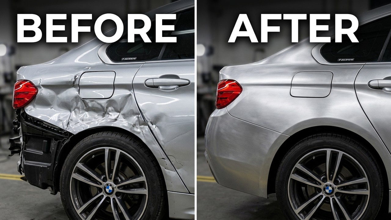 БМВ, рихтовка тотального крыла после удара об отбойник. Body repair after an accident.