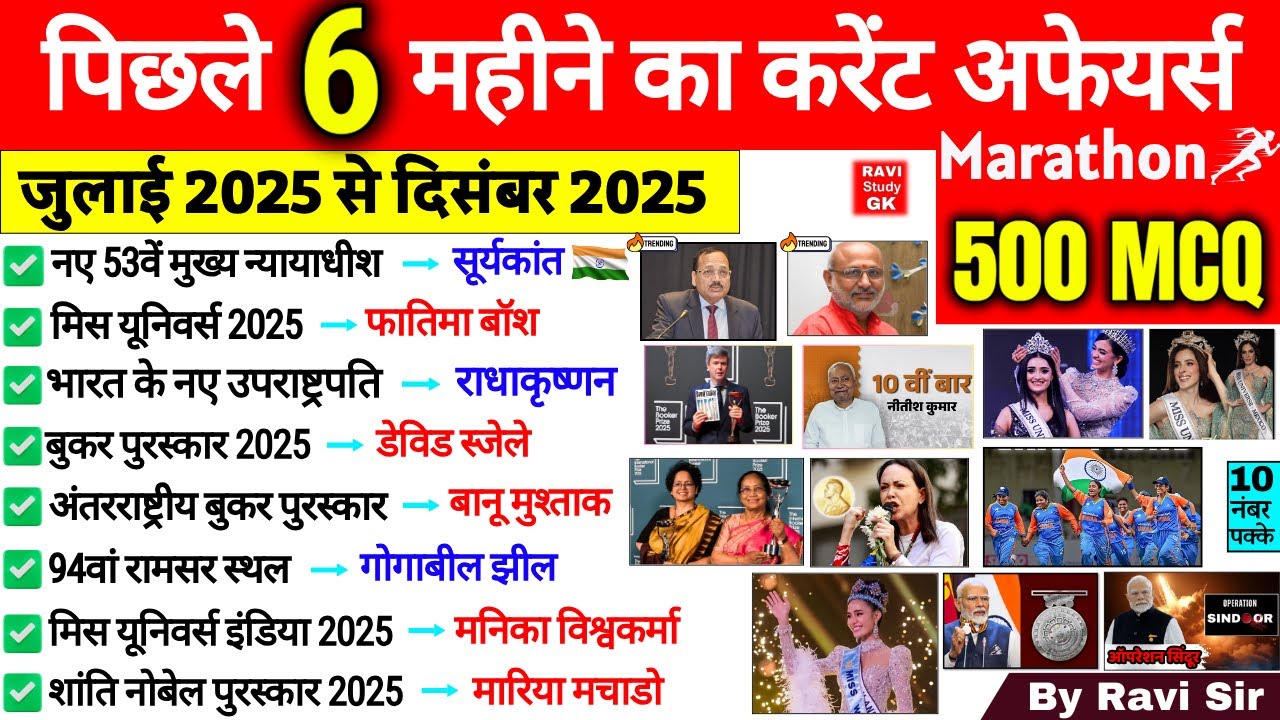 Last 6 Months Current Affairs 2025 | Top 500 MCQ | January to Dec 2025 || Important Current Affairs