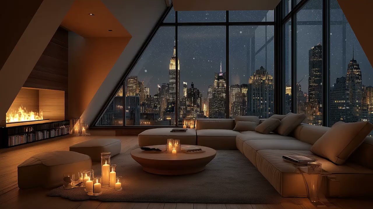 Snowfall Outside the Window ❄️ Cozy Apartment Jazz & Fireplace Sounds