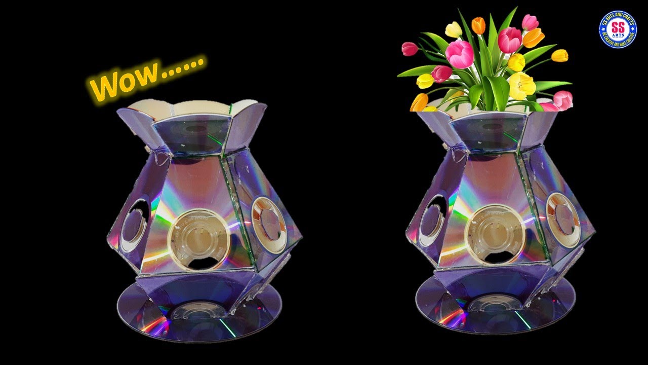 Amazing flower vase made from Waste CD/How to use Old cd for Home decoration /CD CRAFTS/ssartscrafts
