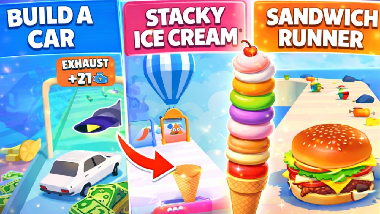 Build a Car VS Stacky Ice Cream VS Sandwich Runner - Gameplay All Levels (IOS, Android)