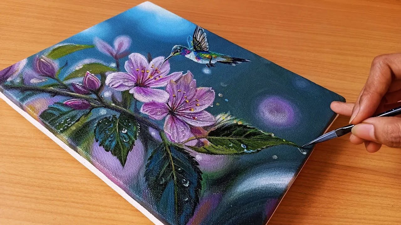 Painting a Beautiful Apple flower with a Cute Little Bird 🐦//Acrylic Painting