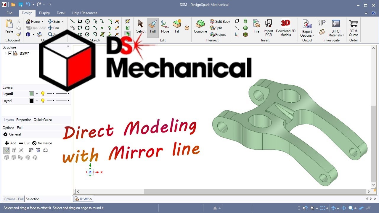 DesignSpark Mechanical #27 | 3D Modeling | Sketch Mirror | Boolean Operation with Pull tool