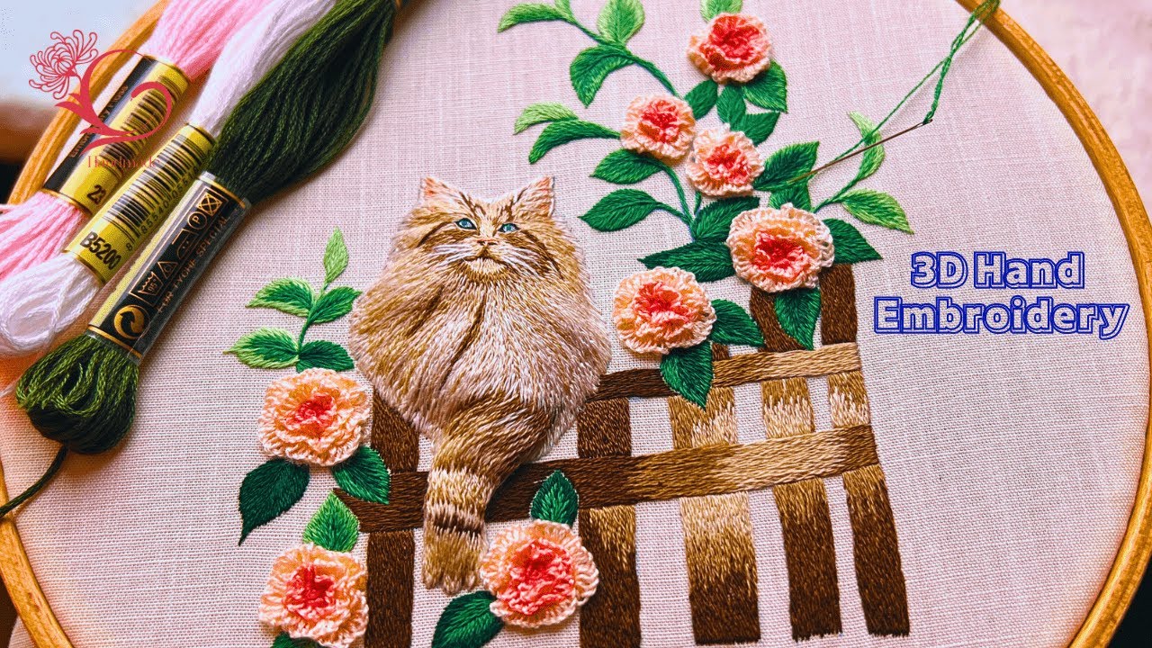 3D Hand Embroidery for Beginners: Step-by-Step Beautiful Cat and Flower Fence Tutorial