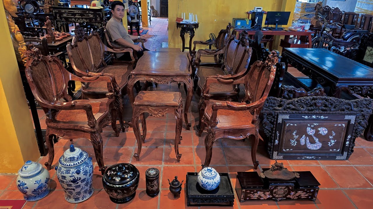 Bộ louis 9 món gỗ cẩm nu, tranh chữ Tâm cổ, chóe sứ tàu xưa, bình trà, tam sự, đồ xưa Cần Thơ 22/05