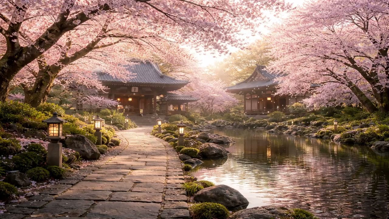 Relaxing Piano Jazz in Kyoto Cherry Blossom Garden 🌸 Peaceful Japanese Spring Ambience
