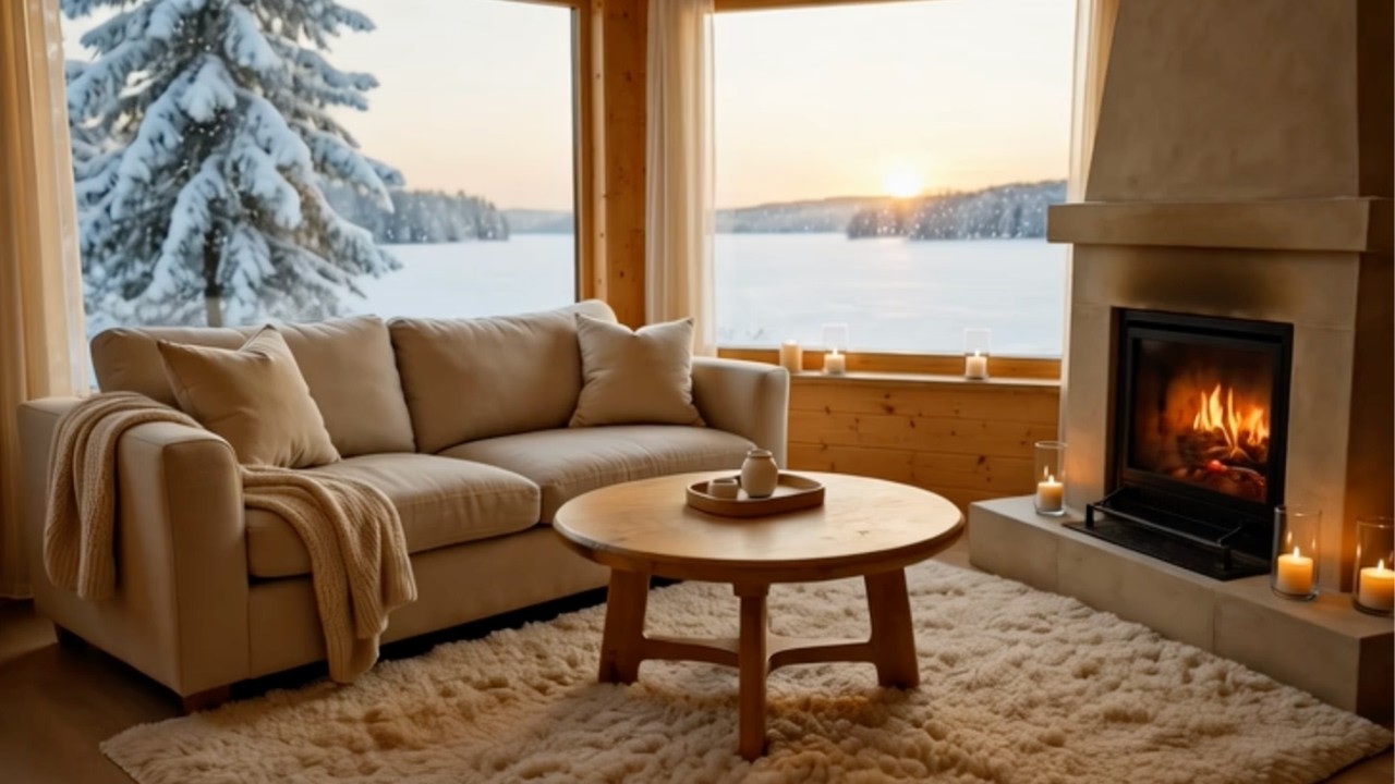 Snowy Cabin Sunrise ❄️ Soft Jazz & Fireplace That Instantly Calms You.