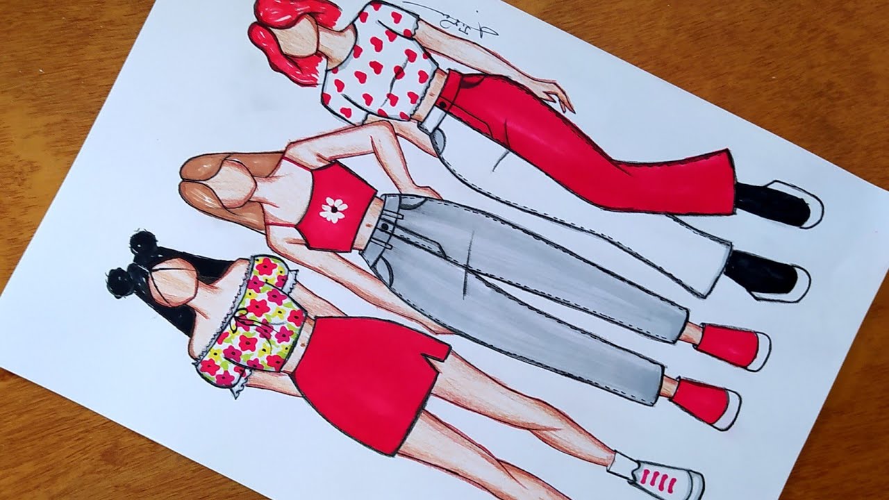 تعليم رسم كولكشن صيف باللون الاحمر خطوة بخطوة | رسم ازياء كاجوال | ازياء صيف