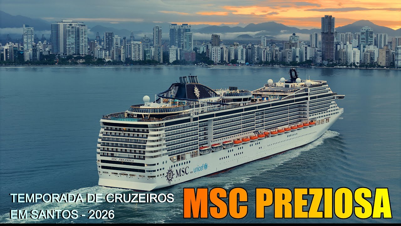 Navio de passageiros MSC Preziosa na chegada ao Porto de Santos - Drone 4K - Temporada 2026 24/01/26