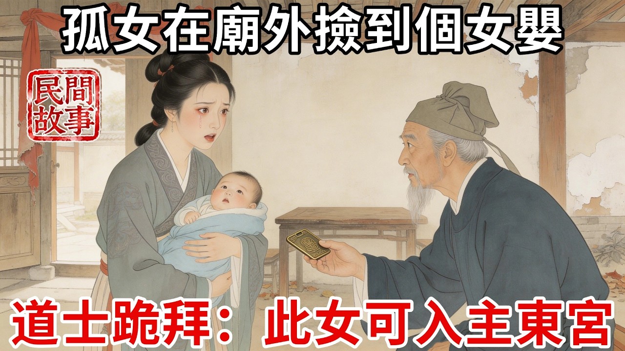 孤女家產被霸占借住破廟，雪天在廟外撿到個女嬰，未婚做繡活把女嬰養大，女嬰8歲那年，村裏來了個道士，盯著她看了半晌忽然跪拜：此女命格尊貴，將來可入主東宮#民間故事 #傳統文化 #原創虛構  #槐樹下聽書