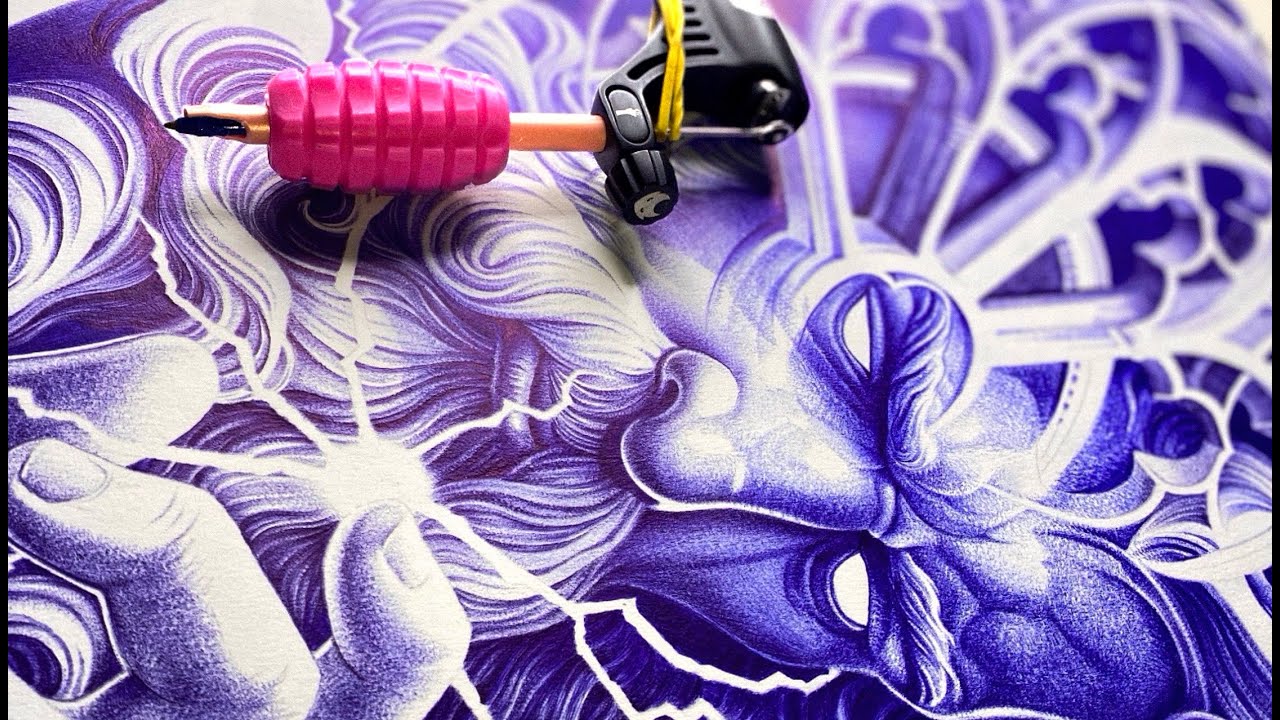 Desenhando com Máquina de TATTOO e Caneta Azul