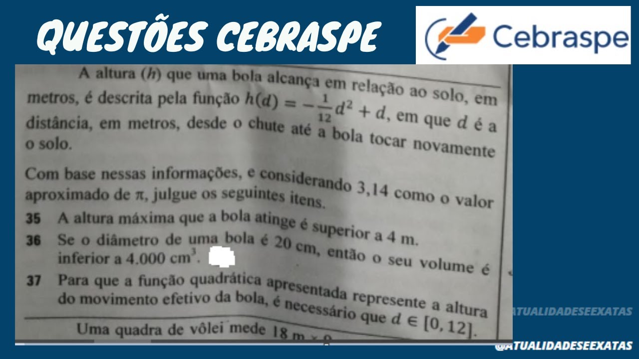 QUESTÕES CEBRASPE - PROVA DE MATEMÁTICA RESOLVIDA 24/03/2024 - FUNÇÃO DO 2º GRAU - PARÁBOLA - VOLUME