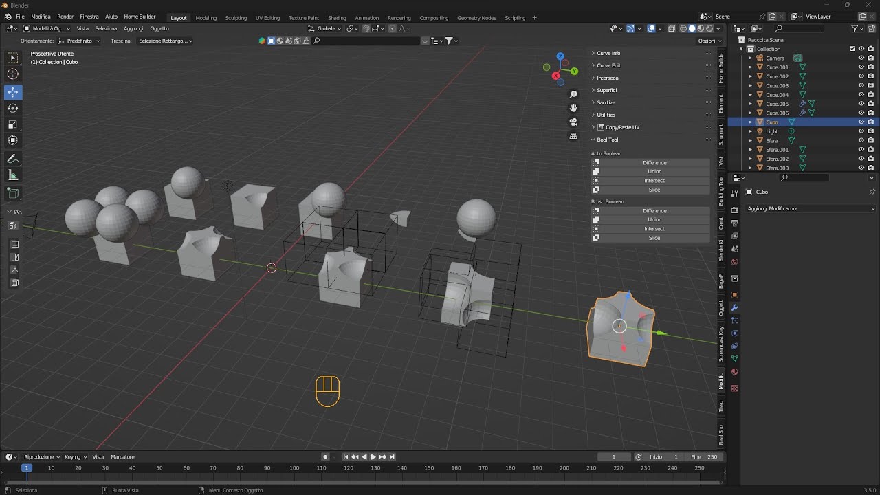 Videoguida - Unire, Sottrarre, Intersecare e Tagliare Oggetti 3D con BoolTool Addon in Blender