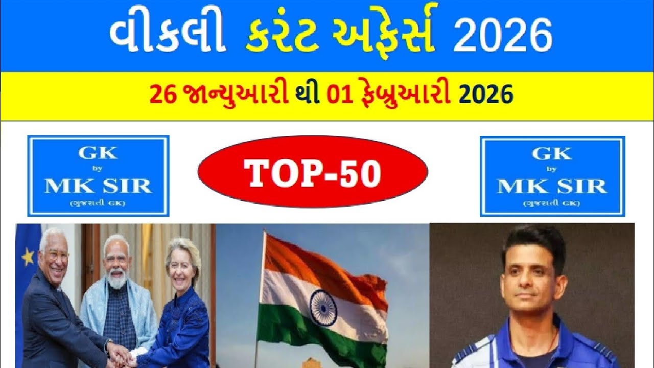 Weekly Current Affairs Gujarati | 26 January to 01 February 2026 | GPSC AEI STI Police | Gujarati GK