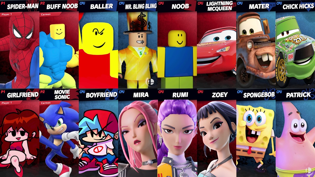 Sonic vs Roblox vs Car vs Spider-Man vs Fortnite vs SpongeBob vs KPop Demon Hunters | Smash Bros