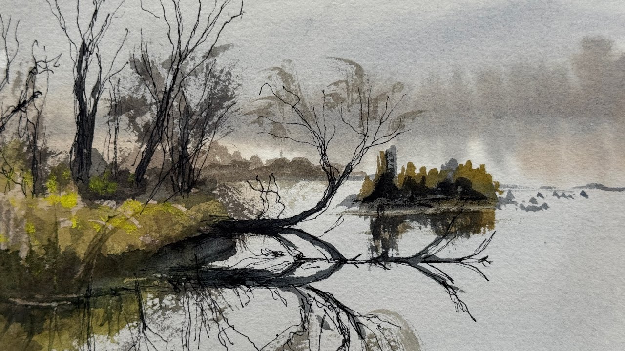 Fog, man - watercolor waterscape