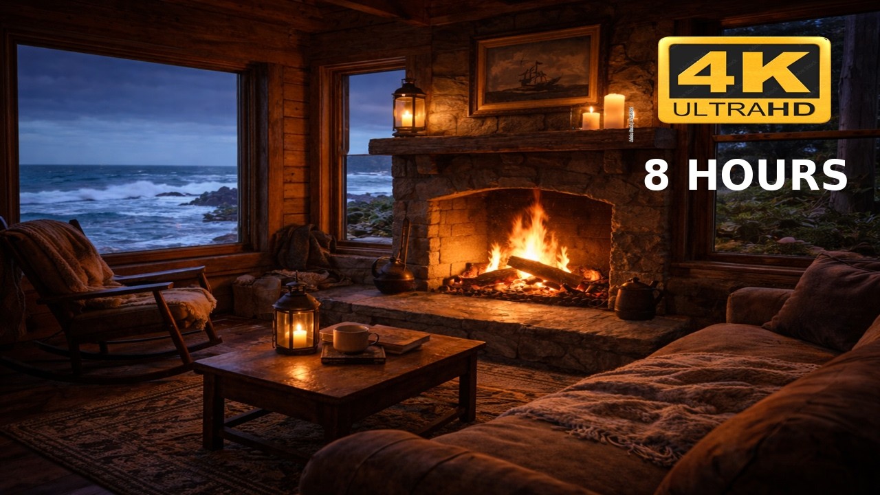 Cozy Fireplace by the Ocean 🌊🔥 | Rain & Waves Sounds | 8 Hours 4K Ultra HD Relaxing Ambience