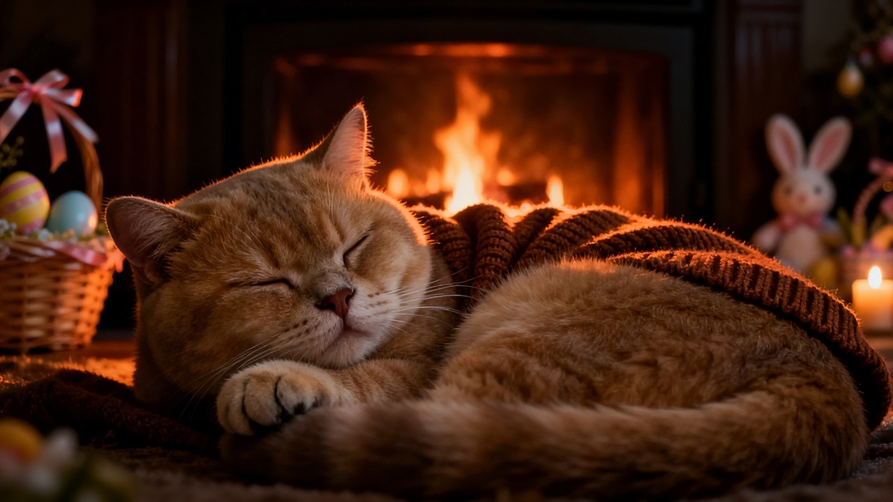 😺 Cozy Easter Purring Cat by the Fire 🐣🐰 Fireplace ASMR Sleep Ambience 🔥 (no music)