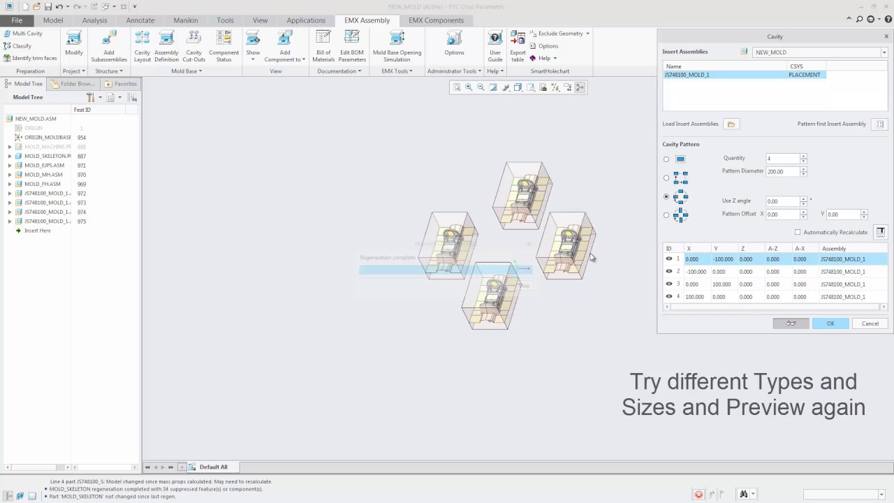 Creo Parametric - Expert Moldbase Extension 10.0 - Cavity Layout and Cutout dialogs