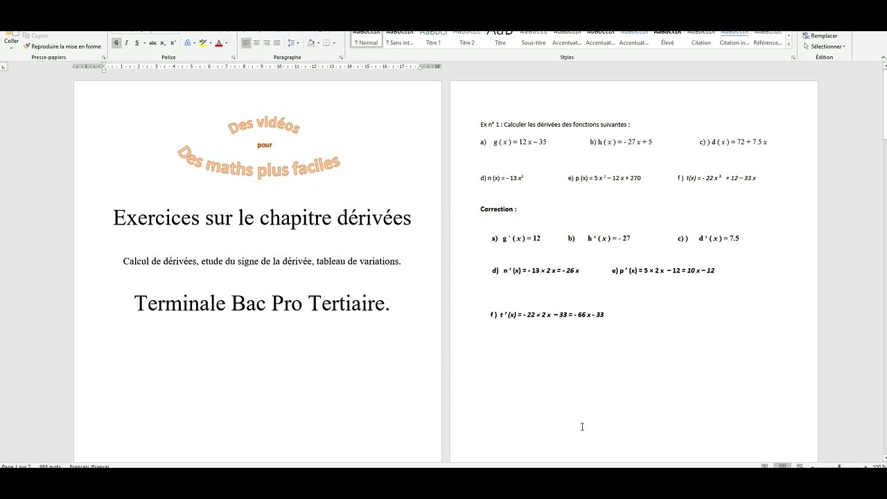 exercices sur dérivées - terminale bac pro