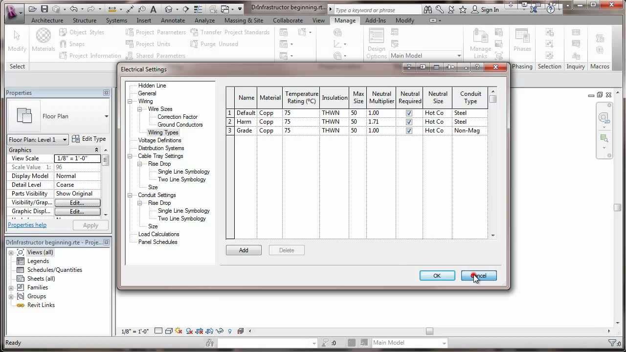 Revit 2013 MEP Electrical Settings - Wire Sizes and Wiring Types