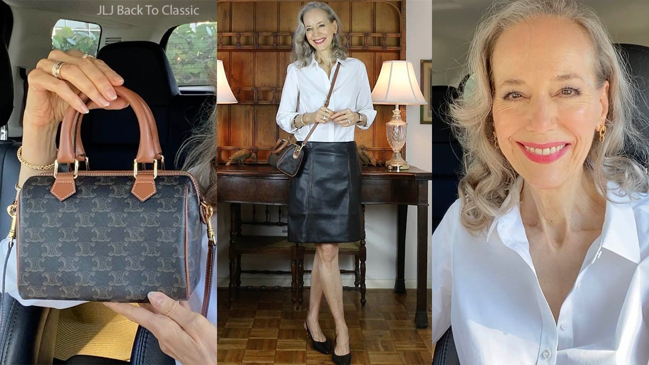 Стиль вне времени: маленькая бостонская сумка Celine Triomphe, чёрная кожаная юбка, белая рубашка...
