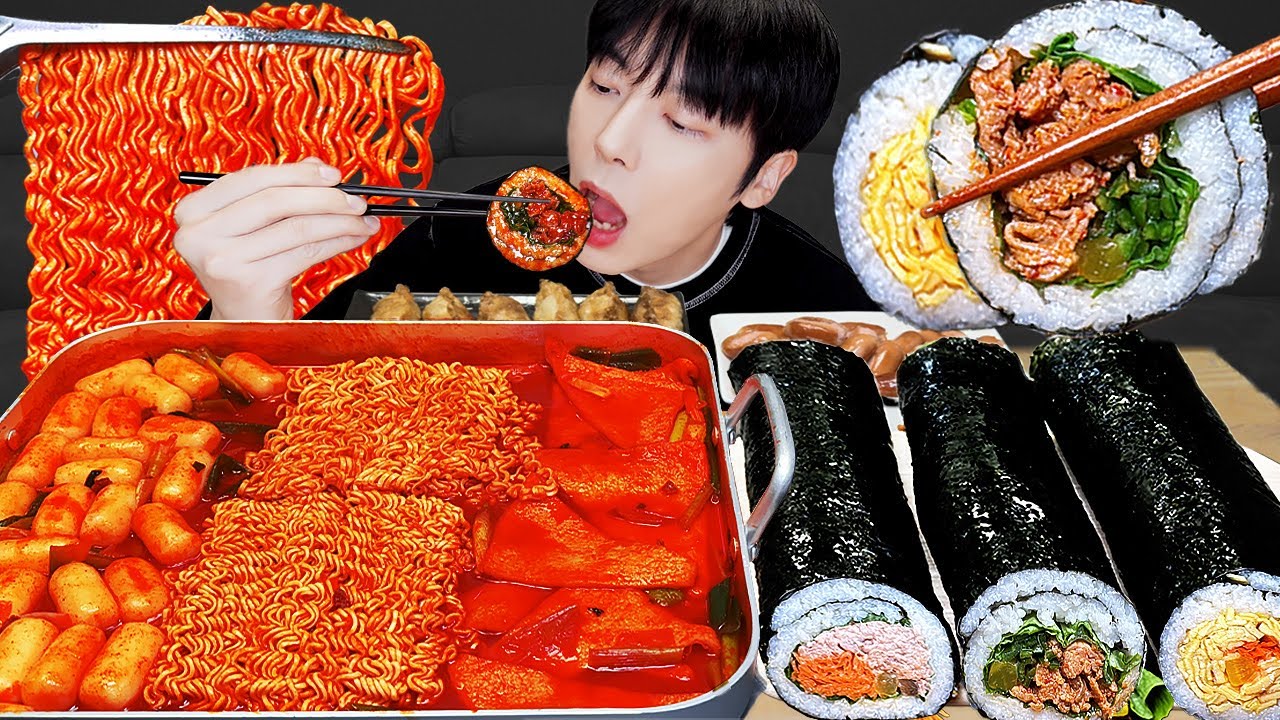 ASMR MUKBANG 직접 만든 불닭 떡볶이 불고기 계란 김밥 먹방 ! 레시피  Fire noodles Tteokbokki & kimbap  EATING