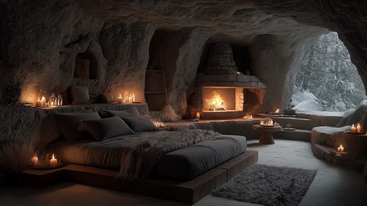Soothing Cozy Winter Cave Ambience ❄️ | Fireplace Crackling & Blizzard Sounds for Sleep & Calm