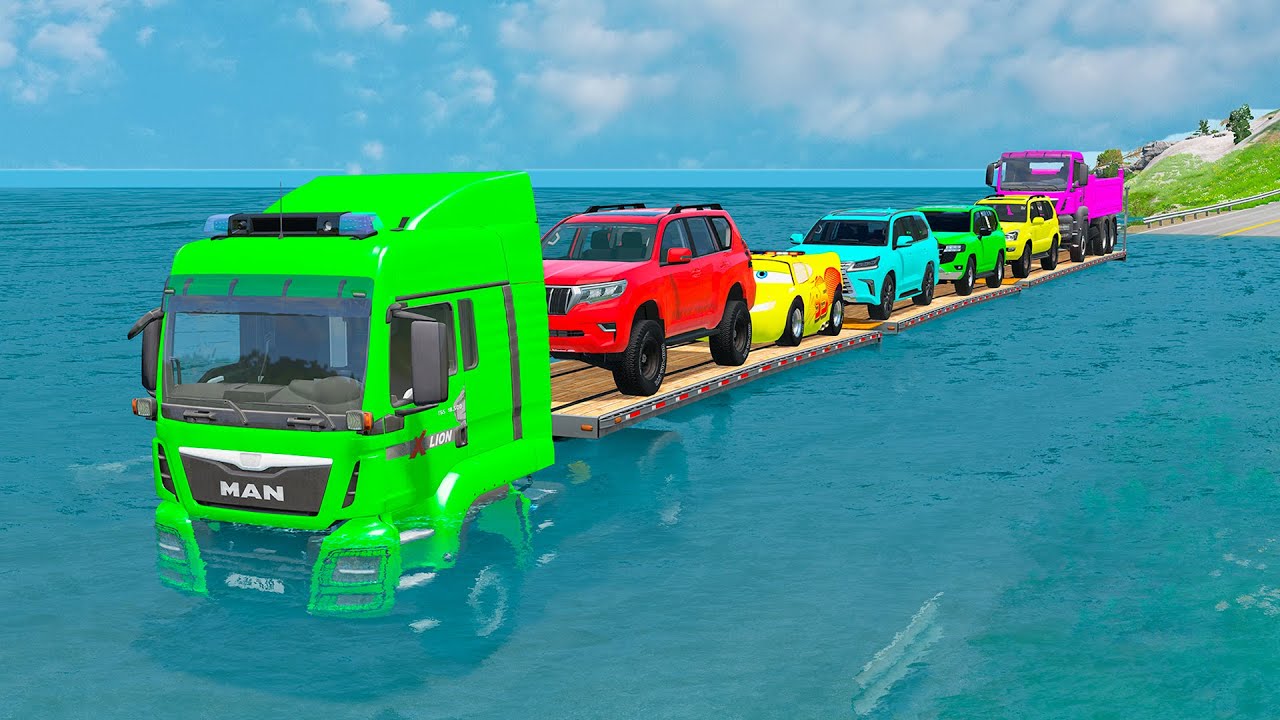 Triple Flatbed Trailer McQueen Transportation with Truck - Speedbumps vs Cars vs Train - BeamNG #1