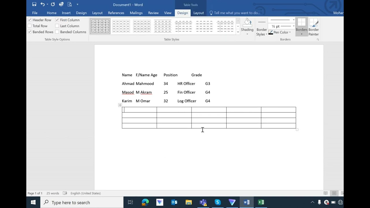 په MS Word کی د جدول یا چارت جوړول په لنډ دول سره.