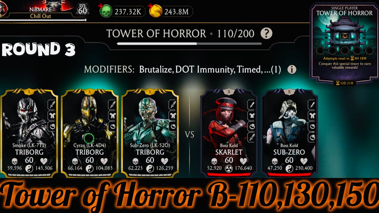 Tower of Horror Boss Battle 110,130 & 150 Fight + Reward MK Mobile | Team Triborg 🥶🔥