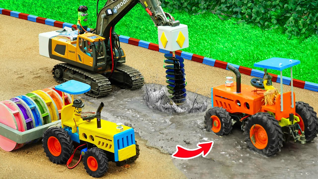 Mini Tractor stucked in concrete | DIY Making Drilling machine rescues and Road Roller repair road