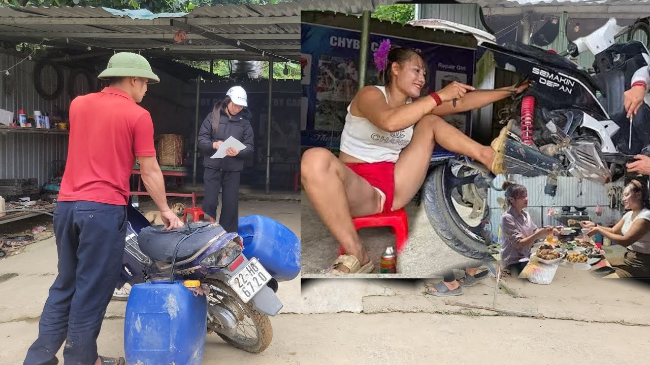 Fixing a stalled motorbike for a farmer, changing a tire.