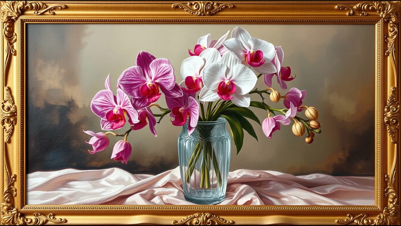 Pink Orchids Painting | Gold Frame TV Art | Art Screensaver for TV 3 Hrs