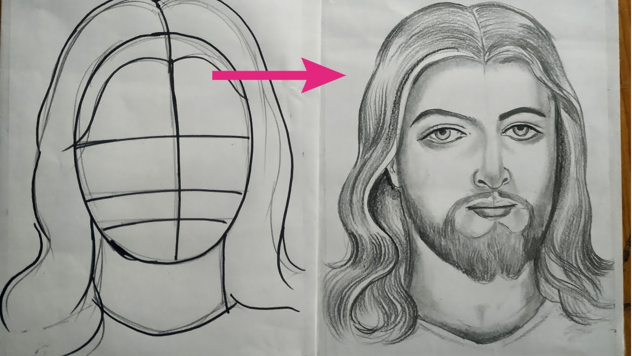 how to draw jesus christ step by step,how top draw jesus fsce with pencil sketch,easy face drawing