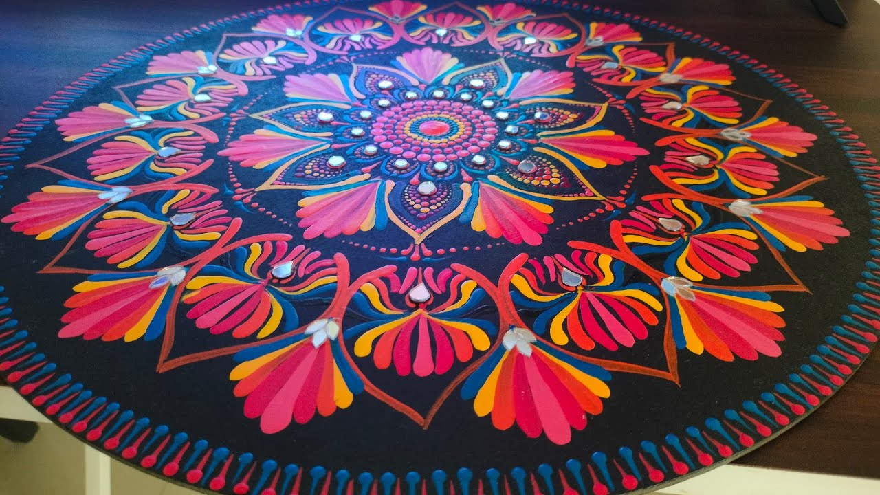 🌸 Vibrant Neon Mandala Art on Black Canvas | Mesmerizing Hand-Painted Design