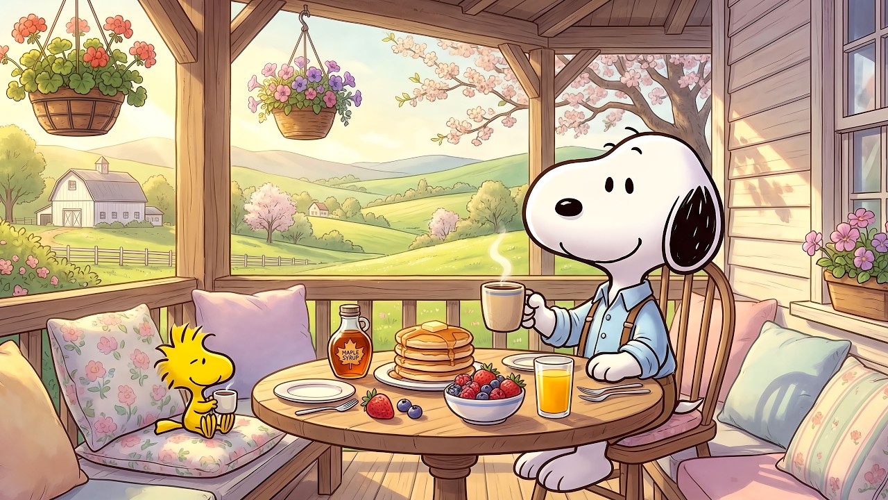 Morning Jazz on the Porch with Snoopy 🥞🌷 Cozy Spring Ambience & Gentle Piano Melodies