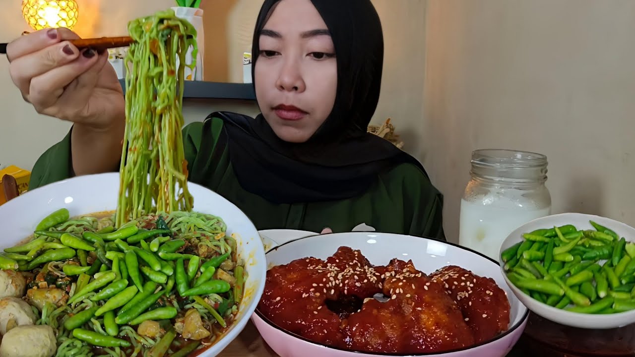 mukbang sayap ayam pedas dan mie ayam ijo  | asmr mukbang