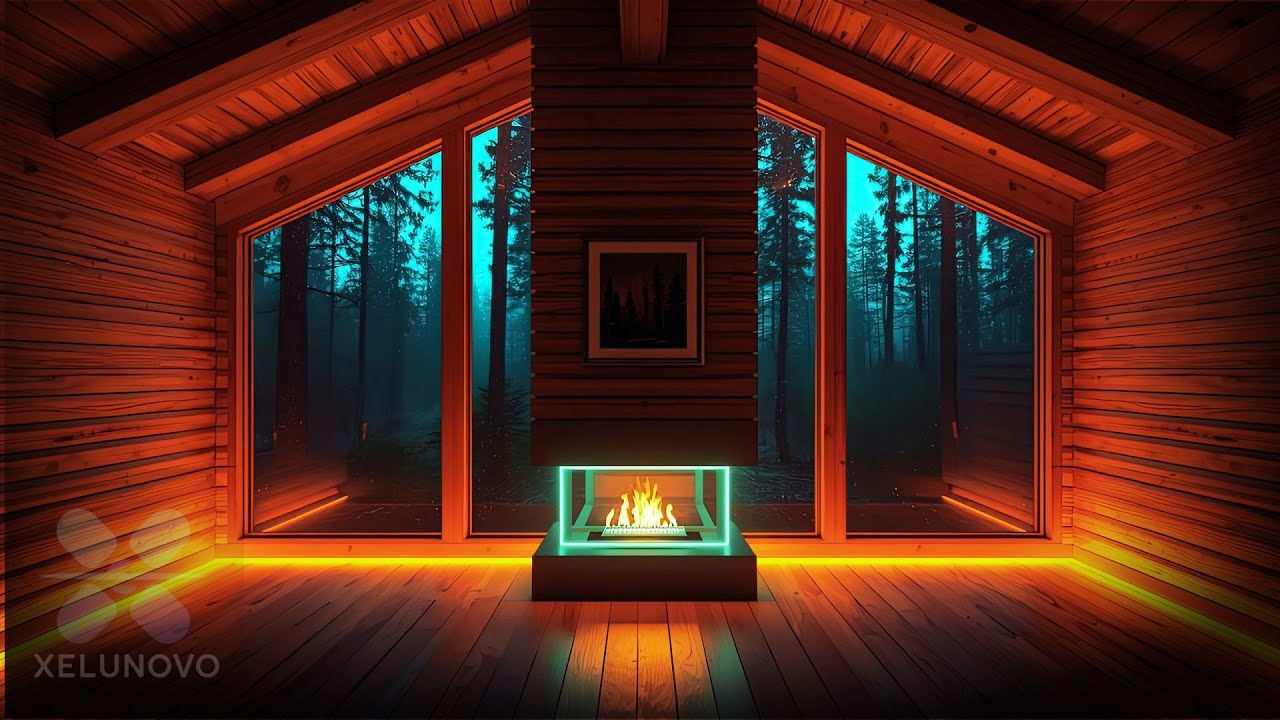 Cozy Neon Log Cabin in the Rainy Forest 🌧️🔥 | Timeless Cyberpunk Ambience for Sleep & Focus