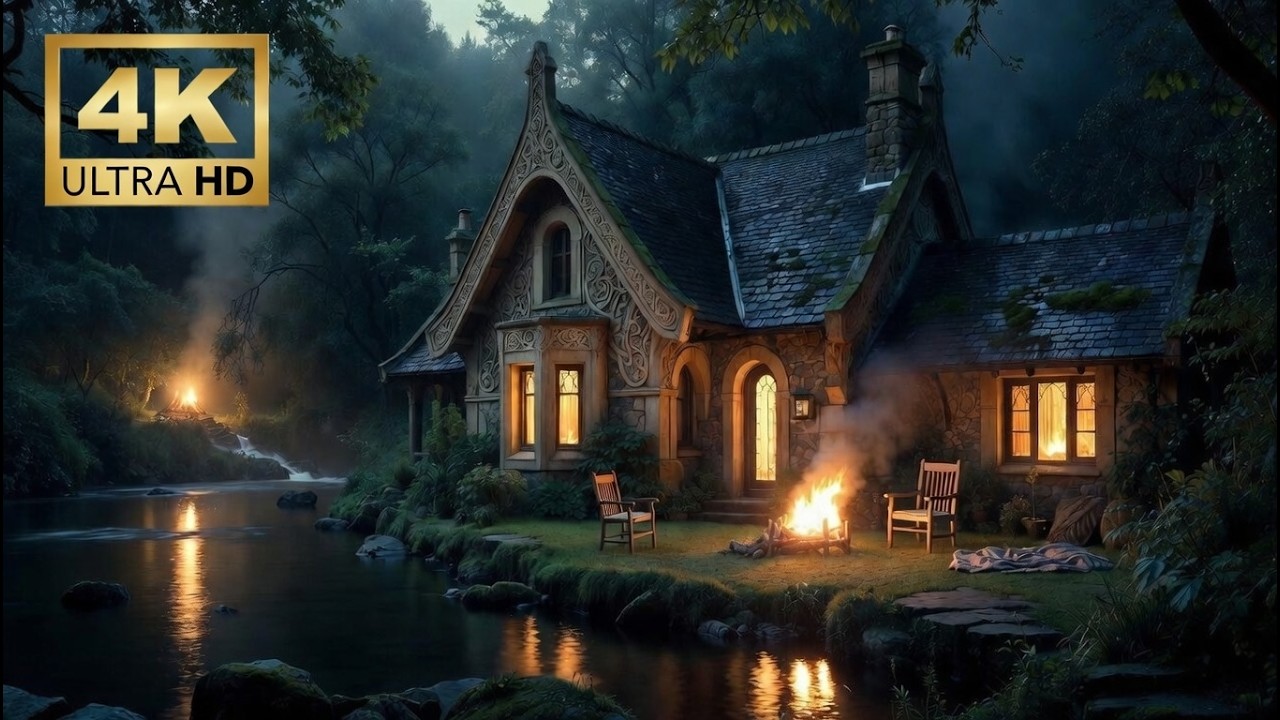Cozy Riverside Medieval Cottages at Night 🔥 | Fire & Water Ambience for Deep Sleep