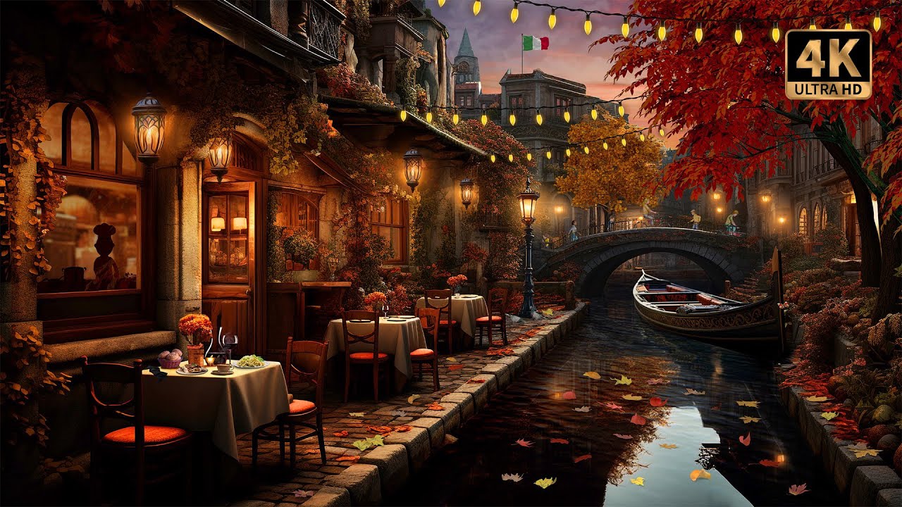 Autumn in Venice 🍂 Italian Restaurant Ambience with Gondolas, Fall Foliage & Canal Sounds | 4K 🇮🇹🍝