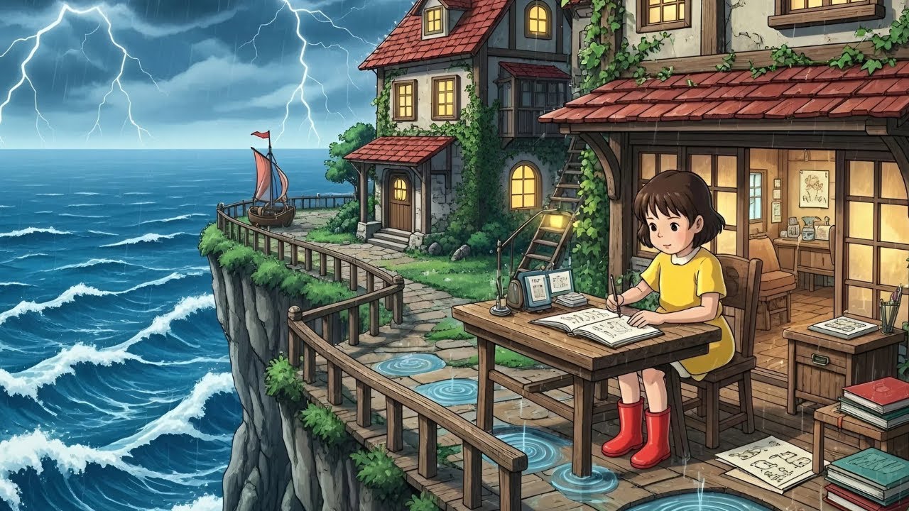 Stormy Atmosphere at a Cliffside House Studio Ghibli Inspired | Dreamy Rainy Night Cinematic Scenery